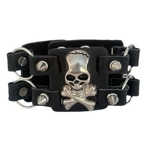 Black Leather Skull Bracelet Silver Tone